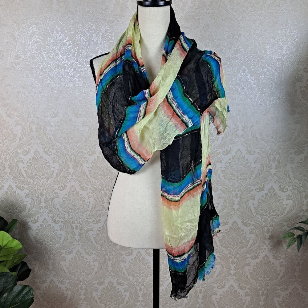 Multi Color Striped Lightweight Scarf Small Fringe Ends 100% Rayon